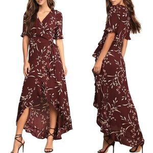 NWT Lulus Dark Floral Maxi Dress Wrap Burgundy Ruffle Whimsy Fairy Wild Winds L